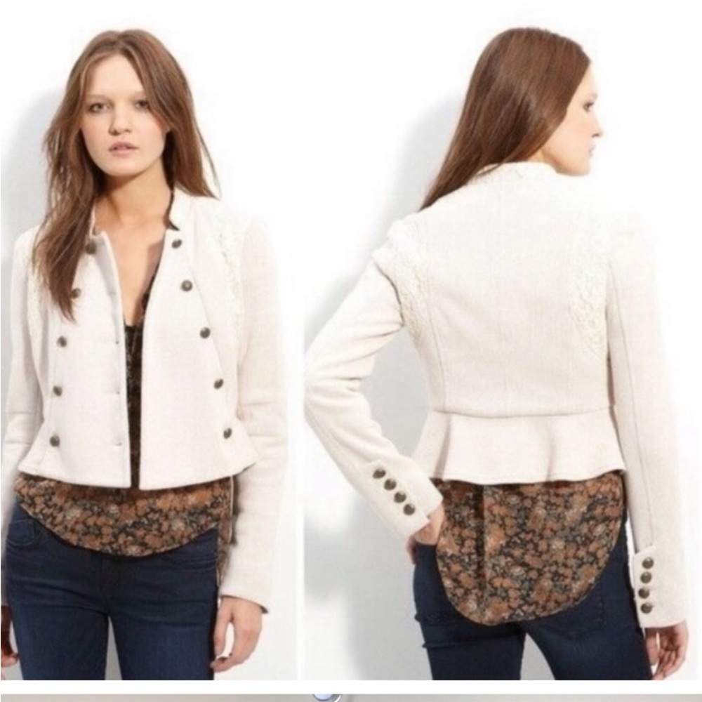 We The Free Double Breasted Lace Military Jacket Cream • Size 6